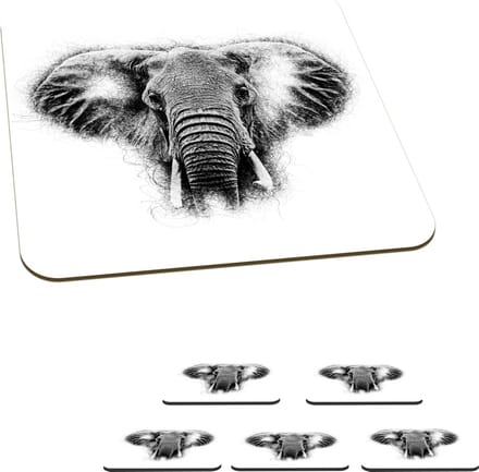 Onderzetters voor glazen - Olifant - Dieren - Zwart - Wit - 10x10 cm - Glasonderzetters - 6 stuks