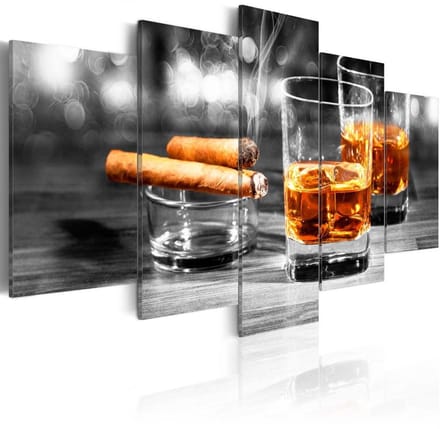 Schilderij - Sigaar en Whiskey III , Mannenwereld , 5 luik