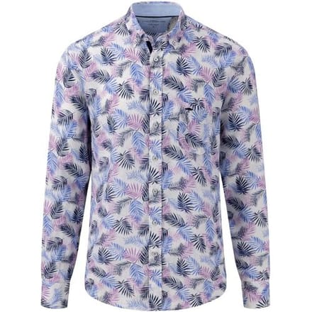 Fynch-Hatton Overhemd Pure Linen Leaves Pattern Dusty Lavender / male
