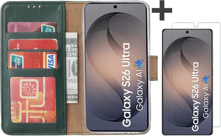 Hoesje met Screenprotector Geschikt voor Samsung Galaxy S26 Ultra – Arara bookcase met pasjeshouder - Groen