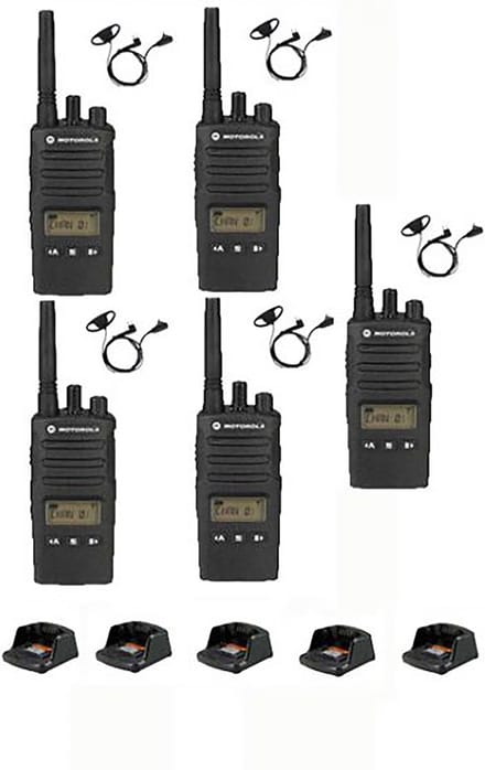 Set van 5 Motorola XT460 IP55 PMR446 met D-shape oortje M1 2-Pins en tafellader