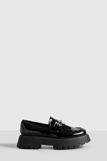 boohoo Dames Wide Fit Platform Chunky Sole T Bar Loafers | Zwart | Maat: 38