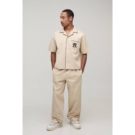 Oversized Shirt Met Zakdetail En Ontspannen Broek Set In Twill | Stone | Size Medium