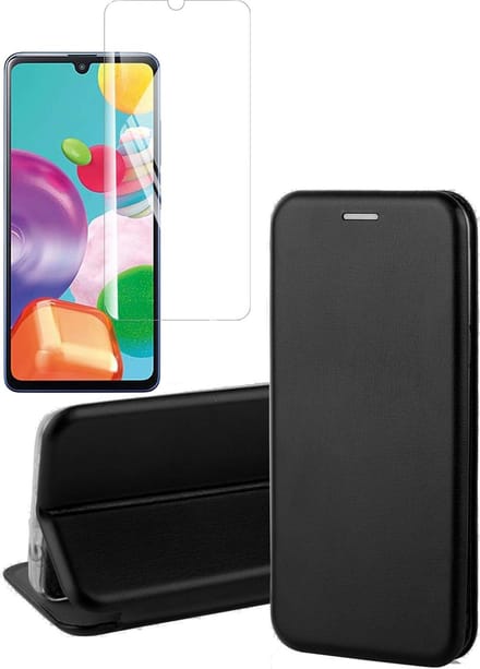 Hoesje geschikt voor Samsung Galaxy A41 - Screen Protector GlassGuard - Book Case Kunstleer ThinShield Zwart & Screenprotector