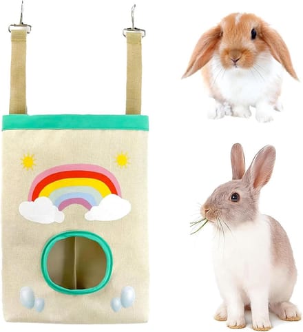 Bunny Hay Feeder, Hanging Rabbit Hay Feeder Bag for Rabbits Guinea Pigs Chinchillas Hamster