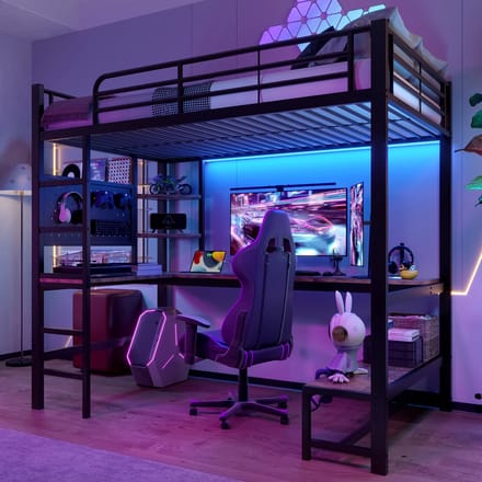Hoogslaper - 90x200 cm - Met Bureau En Opbergplanken - LED Strip En USB/Type-C - Metaal - Zwart