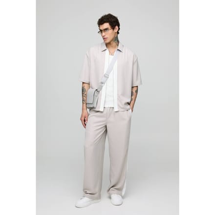 Oversized zacht twill kortmouwig overhemd & broekset met wijde pijpen | Stone | Size Medium