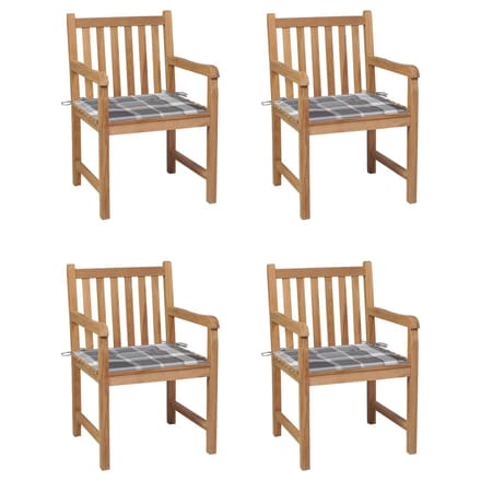 vidaXL - Tuinstoelen - 4 - st - met - grijs - geruite - kussens - massief - teakhout