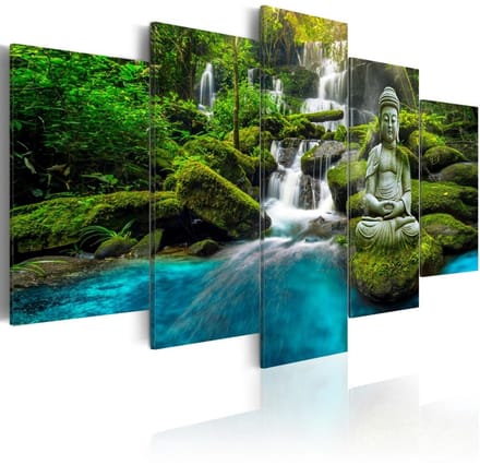 Schilderij -Boeddha in Harmonie , waterval , bos , 5 luik