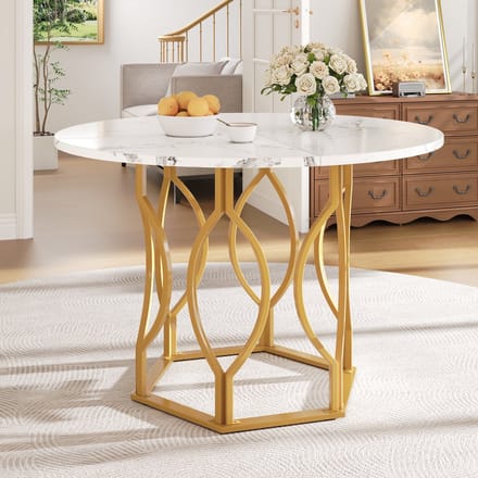 MODENUIT Eettafel - Rond Tafelblad Voor Eetkamer En Woonkamer - MDF En Metaal Wit Goud - 100x100x76 Cm