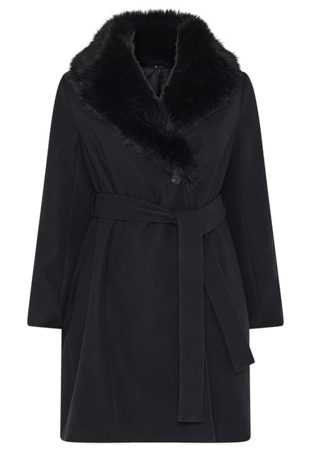 Yours Zwarte Lange Jas Met Kraag Van Imitatiebont Size 44