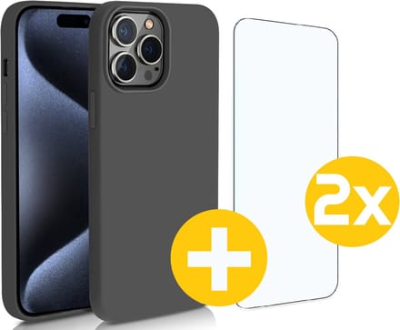 Hoesje en Screenprotector Combi Geschikt Voor iPhone 15 Pro Max - Zwarte Siliconen Hoesje + 2x Screenprotector