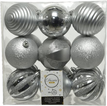 Decoris Kerstballen 18x stuks - zilver kunststof 8 cm - luxe afwerking - onbreekbaar - kerstversiering
