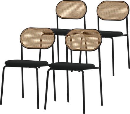 ML-Design eetkamerstoelen set 4 zwart gestoffeerde keukenstoelen met rotan rugleuning zonder armleuningen retro dining stoelen duurzame metalen poten comfortabele eettafelstoelen woonkamerstoelen gestoffeerde stoelen keukenstoelen moderne design