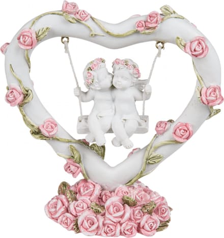 Beeldje koppel engeltjes op schommel met roze rozen 10x10.5x4cm