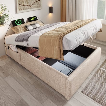 MODFU Bedframe 90x200 cm – Beige/naturel linnen met USB/Type-C – Hydraulisch – Zonder hoofdbord