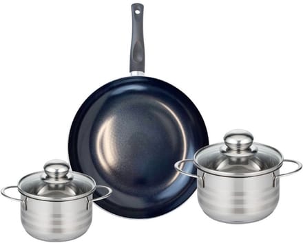 Set van 1 Koekenpan 28 cm en 2 kookpotten 14 en 16 cm Elo Prima Glanzend