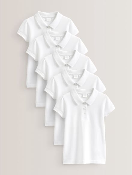 Next - Meisjes - 5 -pack 100% katoenen poloshirts met korte mouwen - Wit