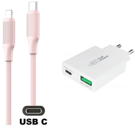 45W super snellader met 2 poorten + 1,0m USB C naar Lightning kabel. Universele PD PPS lader. Compacte GAN oplader adapter past op Apple iPhone SE 2, iPhone 8, 8 Plus, iPhone 10, iPhone X, iPhone XR, iPhone XS, iPhone XS Max