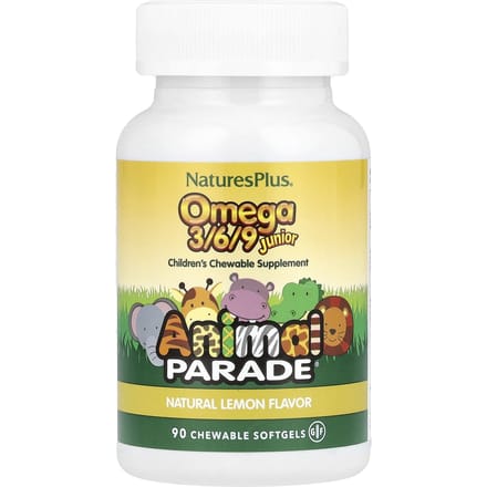 Nature's Plus- Source of Life, Animal Parade, Oméga 3/6/9 Junior, Saveur Citron Naturelle, 90 Gélules Molles