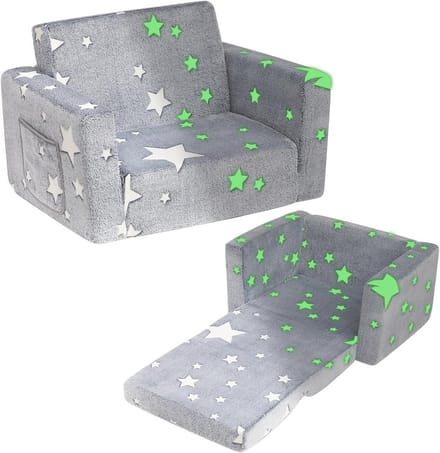Omgoods - 2-in-1 Kinderen Stoel en Sofa met Sherpa Bekleding, Grijs met Sterren