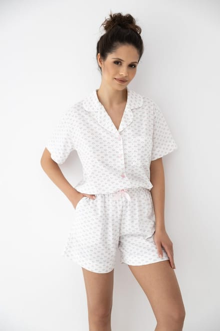 Sensis Katoenen Shortama Dames Bloemenprint Knoopsluiting Wit LESLIE 36 / S