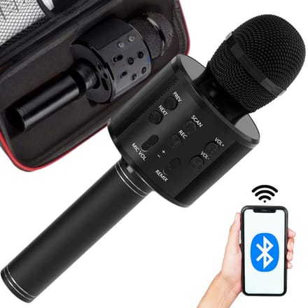 Playos® - Microfoon in etui - Zwart - Draadloos - Bluetooth - met Stemvervormer - Karaoke Microfoon - Kinderen en Volwassenen - Speaker - Karaoke Set