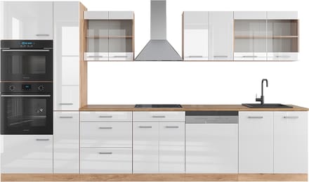 Vicco R-Line Kitchenette – 350 cm met hoge kast, WB Eik Wit hoogglans/goud power eiken