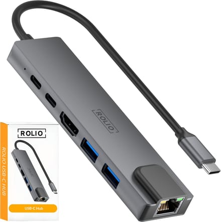 Rolio USB C Hub - 1x HDMI 4K - 1x Ethernet - 2x USB-C - 2x USB-A - USB Splitter - Geschikt voor Macbook Pro / Air / Windows / Universeel