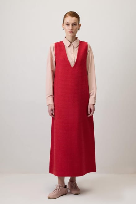 Touché Privé - Tweed overgooi-jurk met V-hals - Rood - Dames