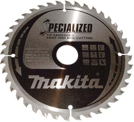 Makita 185 x 30 mm 40-tands Cirkelzaagblad Hout (noest/spijker) | Embedded Tip - B-33174