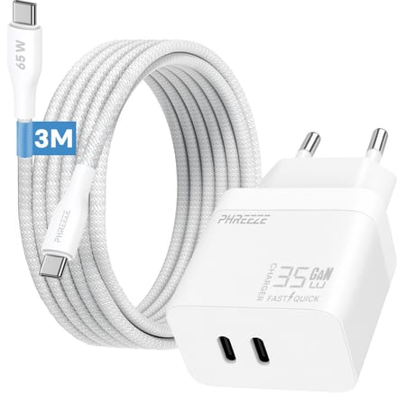 Phreeze usb C oplader 35w met usb C naar usb C kabel 3 meter - GaN charger met 2 usb C poorten - Power Delivery snellader