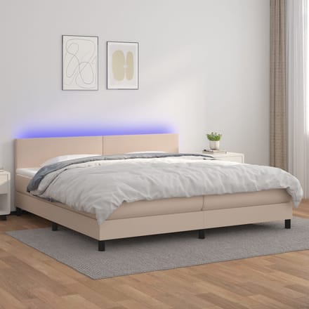 vidaXL - Boxspring - met - matras - en - LED - kunstleer - cappuccinokleur - 200x200cm