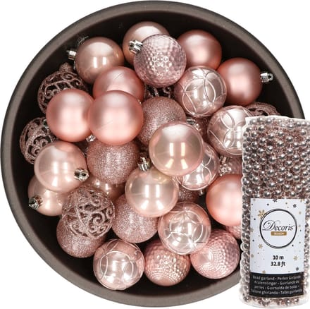Decoris Kerstballen - 37x stuks - 6 cm - incl. kralenslinger - lichtroze - kunststof