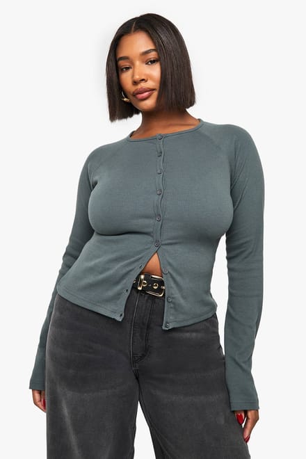 boohoo Dames Plus Button-Down Top met knoopsluiting en lange mouwen | Kaki | Maat: 52