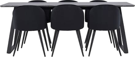 Malaga eethoek eetkamertafel 90x200cm donkergrijs en 6 Skagen stoel velours zwart.