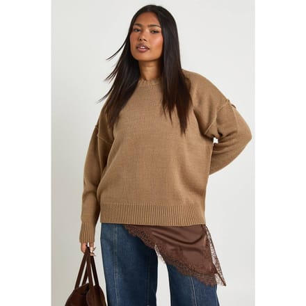 boohoo Dames Plus Gebreide Trui met Zichtbare Naden | Taupe | Maat: 28