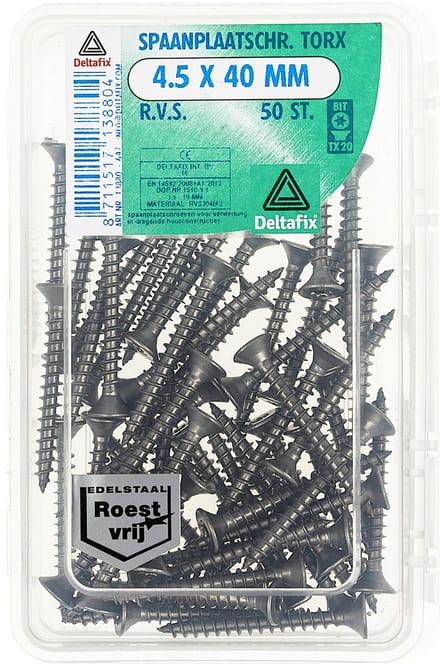 Deltafix spaanplaatschroef platkop / torx r.v.s. a2 4.5 x 40 mm 50 st.