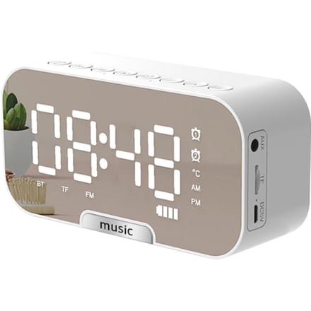 Réveil numérique à surface miroir avec haut-parleur BT, radio FM et affichage de la température, double alarme blanc