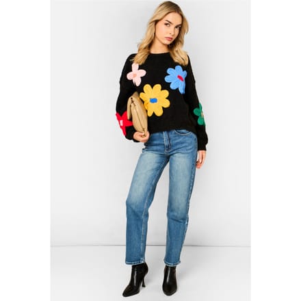 Zwarte 3D-trui met gehaakte bloemen