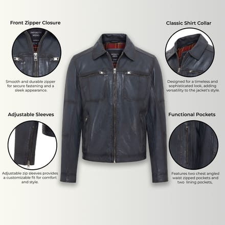 Heren Blauw Klassiek Leren Bikerjack - Bettles