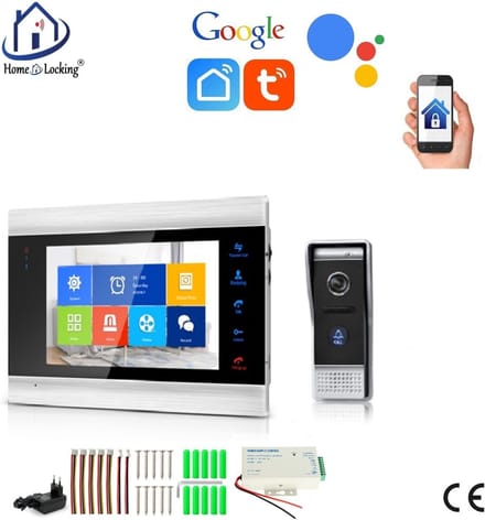 WIFI videofoon/intercom met 1 deurbel camera + 1 binnen paneel/scherm en kan werken met spraak gestuurde apps. T-2101V