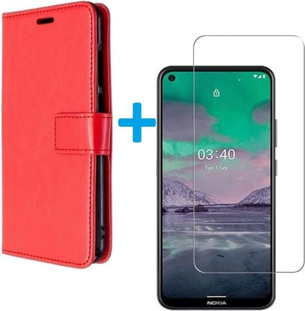 Bookcase Geschikt voor: Nokia 5.4 / 3.4 - Rood - portemonnee hoesje met 2 stuks Glas Screen protector