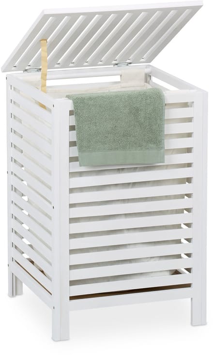 wasmand met deksel - 63 l - hout - 65,5 x 45 x 45 cm - waszak - wit