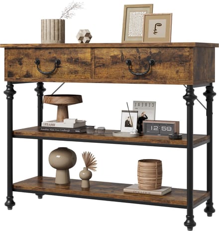 Rustieke, smalle sidetable met 2 lades en 2 open schappen, 100x30x80 cm, bruin