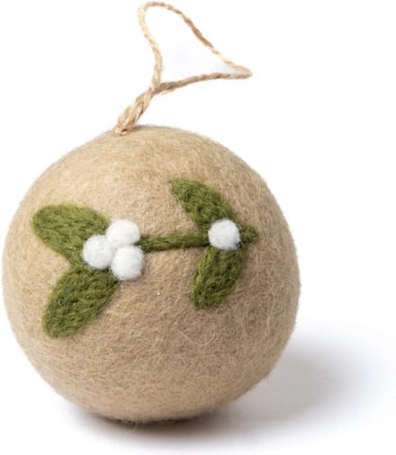 Kerstbal Vilt - Mistletoe Large Rond - Beige & Groen & Wit - 8cm - Fairtrade