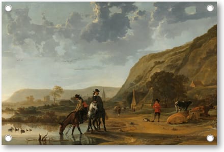 Rivierlandschap met ruiters - Tuinposter 90x60 - Wanddecoratie - Aelbert Cuyp - Meesterwerken