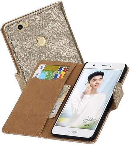 Lace Bookstyle Wallet Case Hoesjes Geschikt voor Huawei Nova Goud