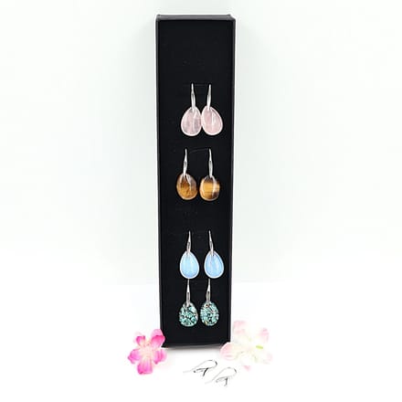 Gemstone set 4 paar oorbellen ( Tijgeroog, Roze kwarts, Turkoois, Opaal glas)