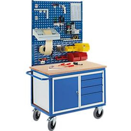 Werkbankwagen Profi, 1 kast, 4 schuifladen, 2 geperforeerde panelen, 1 sleuvenpaneel